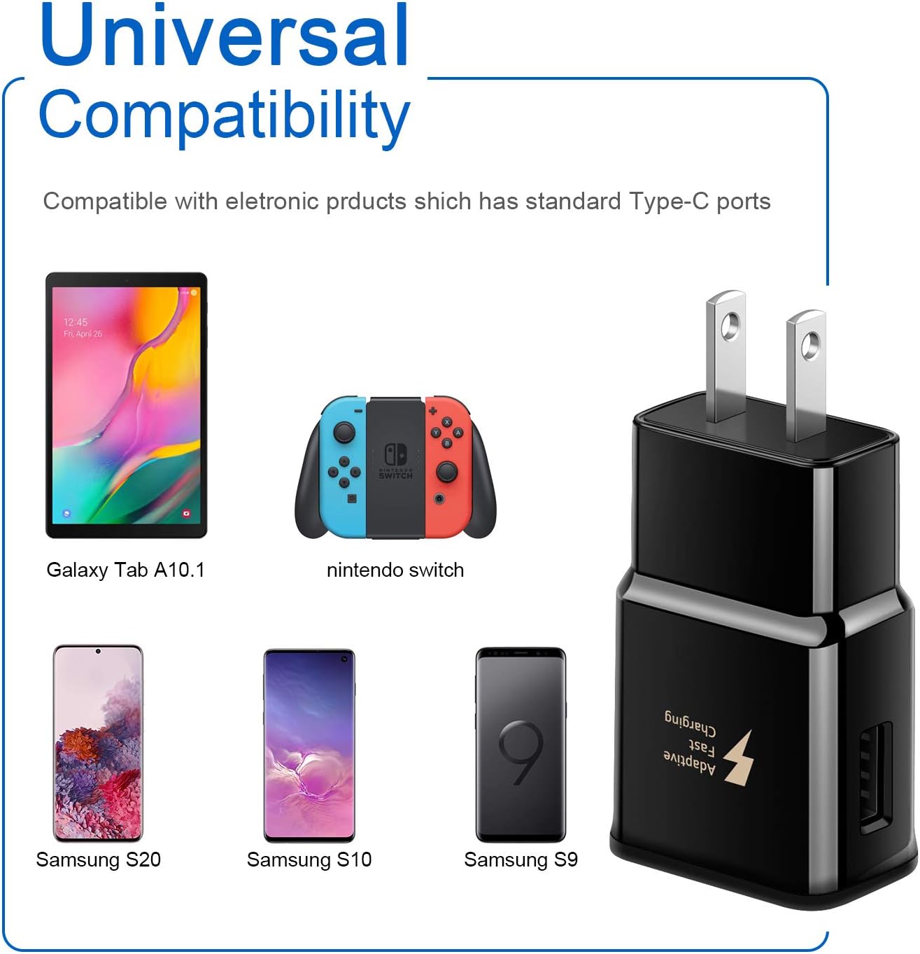 Adaptive Fast Wall Charger kit for Samsung Galaxy S8/S8 Plus/ S9/ S9 / S10/ S10 Plus/Note 8/ Note 9/Note 10, USB Type-C Cable True Digital Adaptive Fast Charging (2Wall Charger + 2 USB Cable 6.6FT)