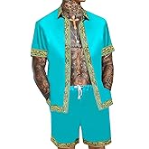 OYOZONE Men's Hawaiian Shirt and Short Set 2 Piece Outfits Luxury Printed Casual Button Down Short Sleeve Satin Shirt Suits