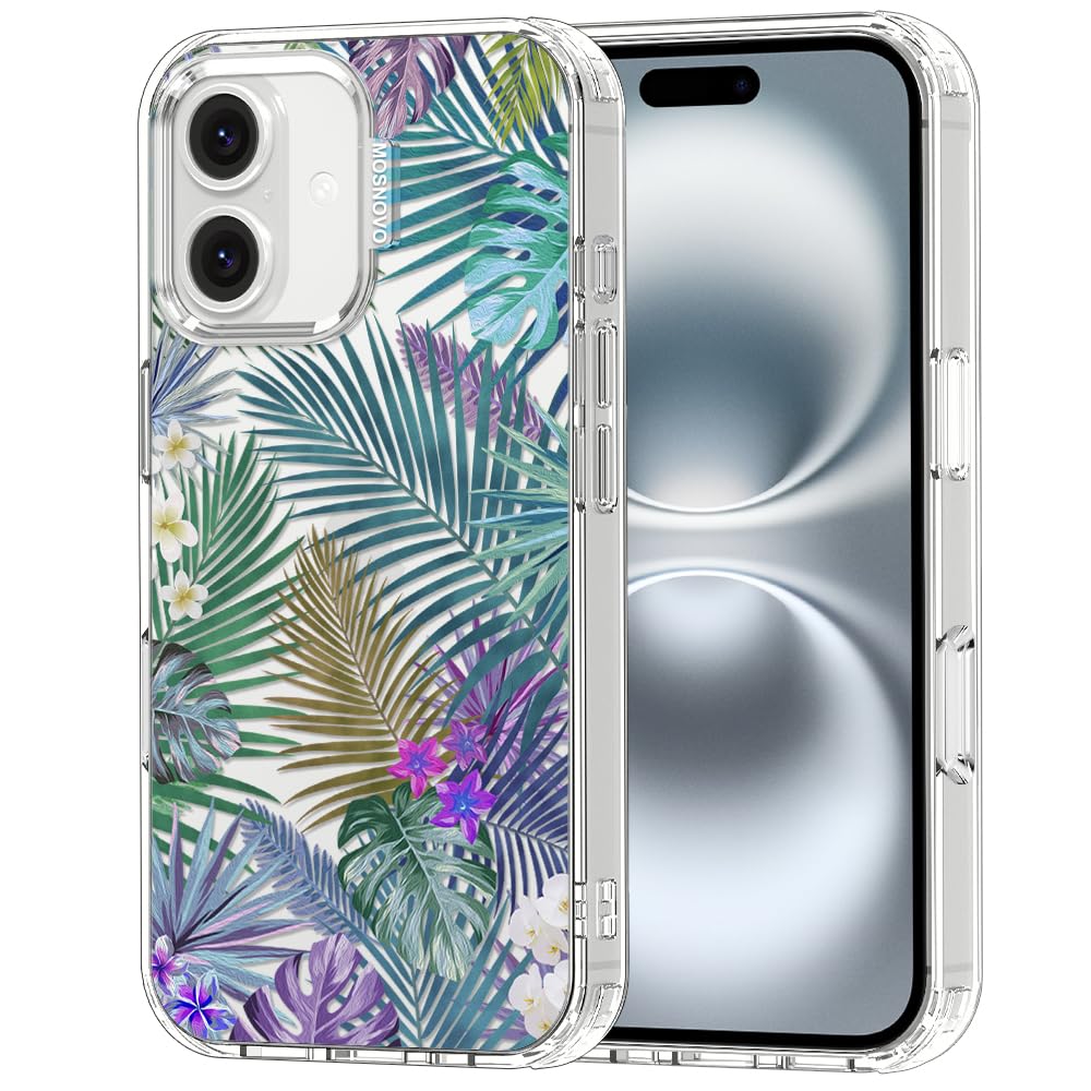 MOSNOVO Case for iPhone 16 Plus, [Buffertech 6.6ft Military-Grade Drop Protection] [Anti Peel Off Tech] Clear TPU Bumper Phone Case Cover Design - Tropical Rainforests