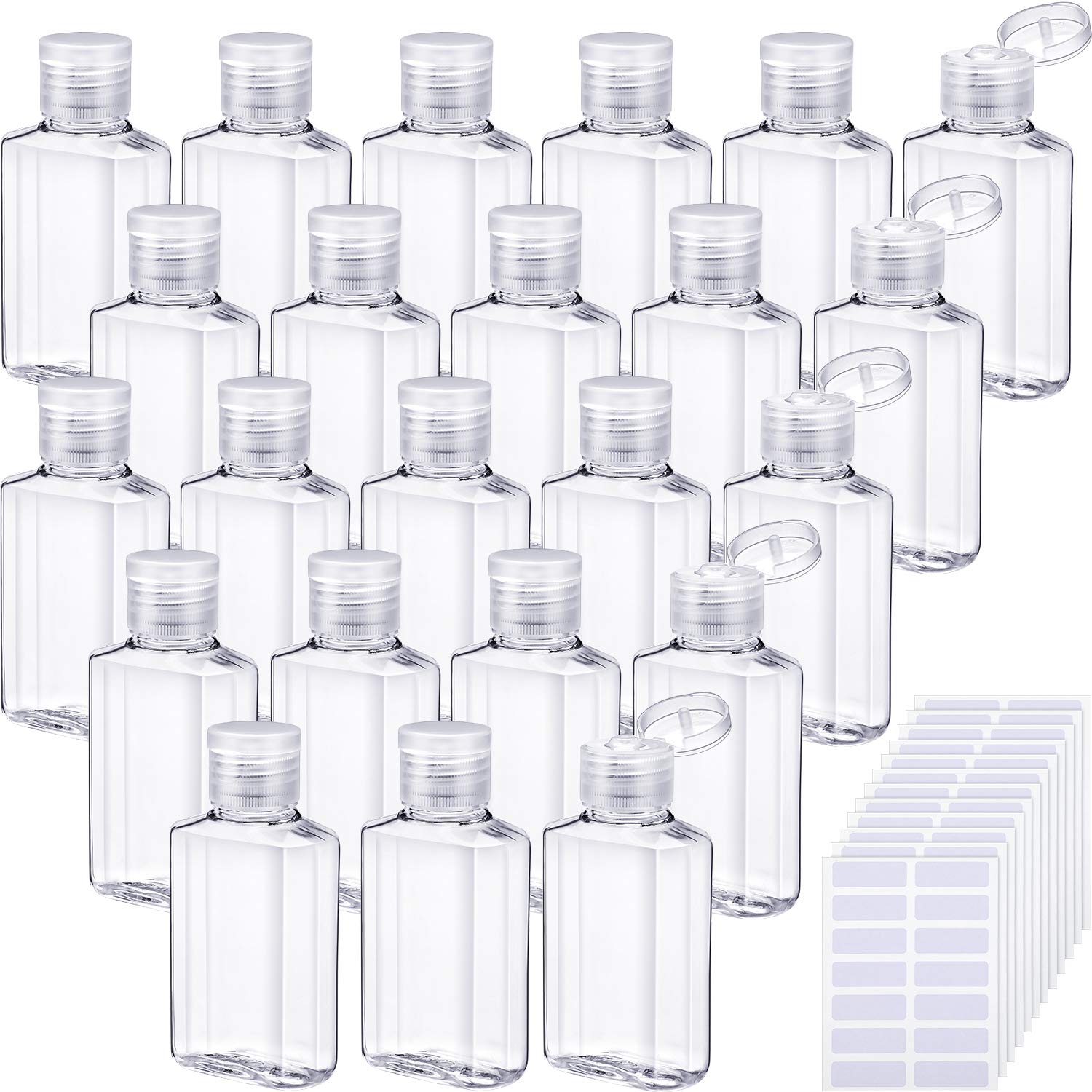 30 Pieces Clear Plastic Empty Bottle 2 oz 60 ml Refillable Travel Container Cosmetic Bottle with Flip Cap and 168 Pieces Labels for Shampoo, Liquid, Lotion, Cosmetic, Essential Oil