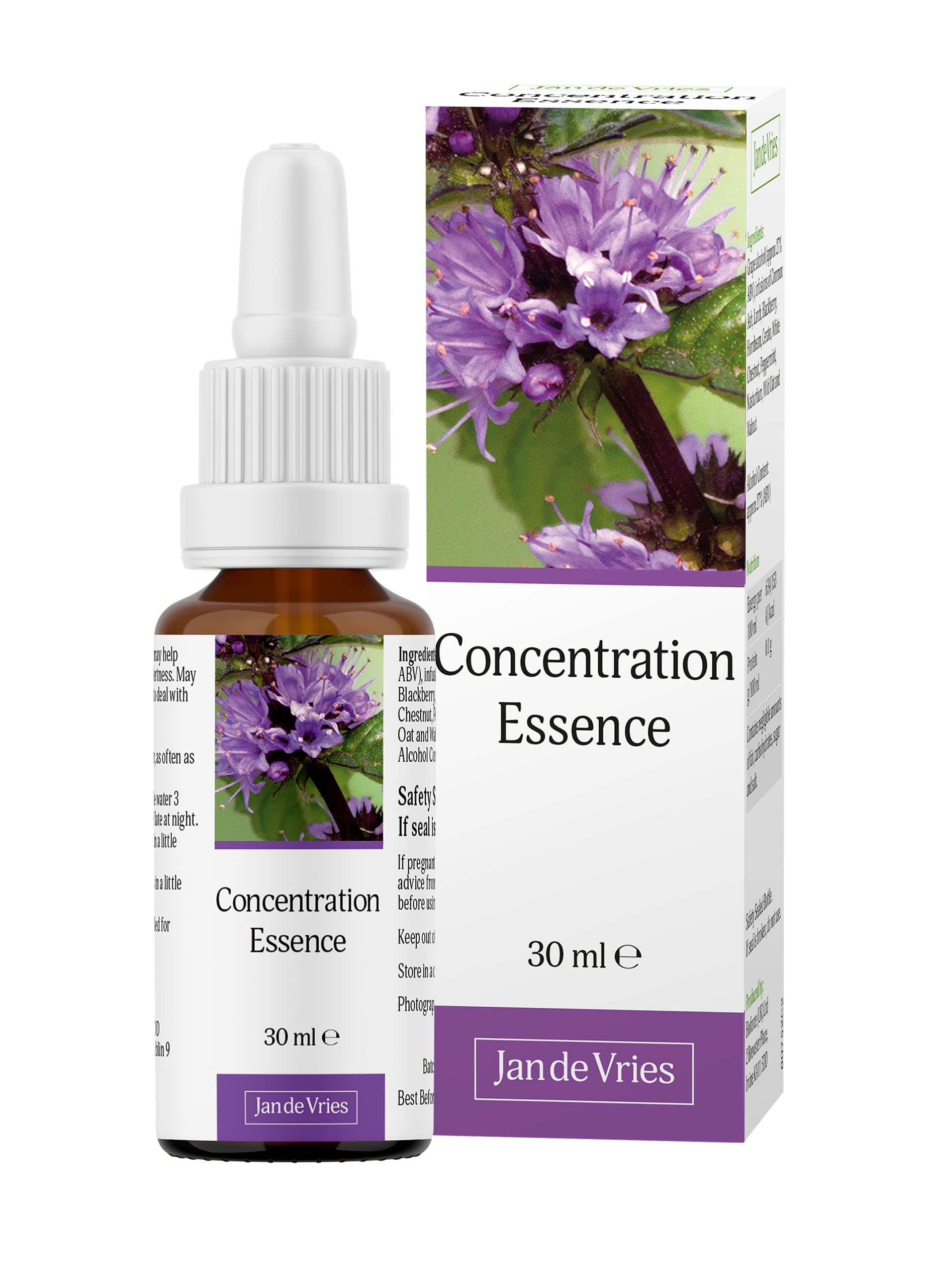 Jan De Vries Concentration Essence | Flower Essence | Quieten a Busy Mind | Focus on Specific Thoughts| Contains Peppermint, Nasturtium & Hornbeam | 30ml