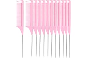RABETLY Rat Tail Combs 12 PCS, Parting Combs for Braiding Hair Carbon fiber heat-resistant anti-static,for Sectioning, Parting, Styling Hair (Pink)