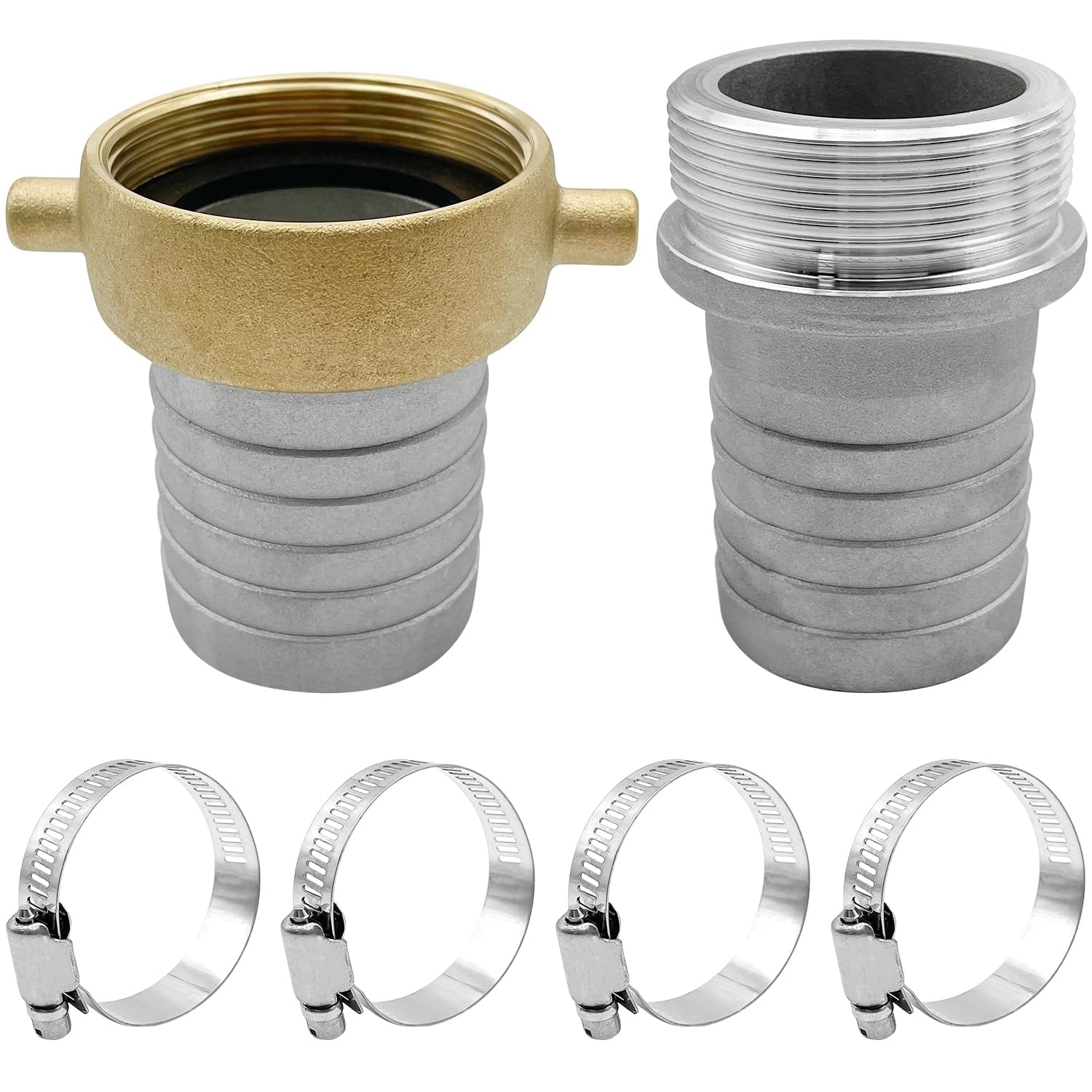 Photo 1 of BITOTU 2 inch Aluminum Pin Lug Hose Shank Fitting Set, 2" Hose Shank Coupling Set with 4 Hose Clamps (2 inch)