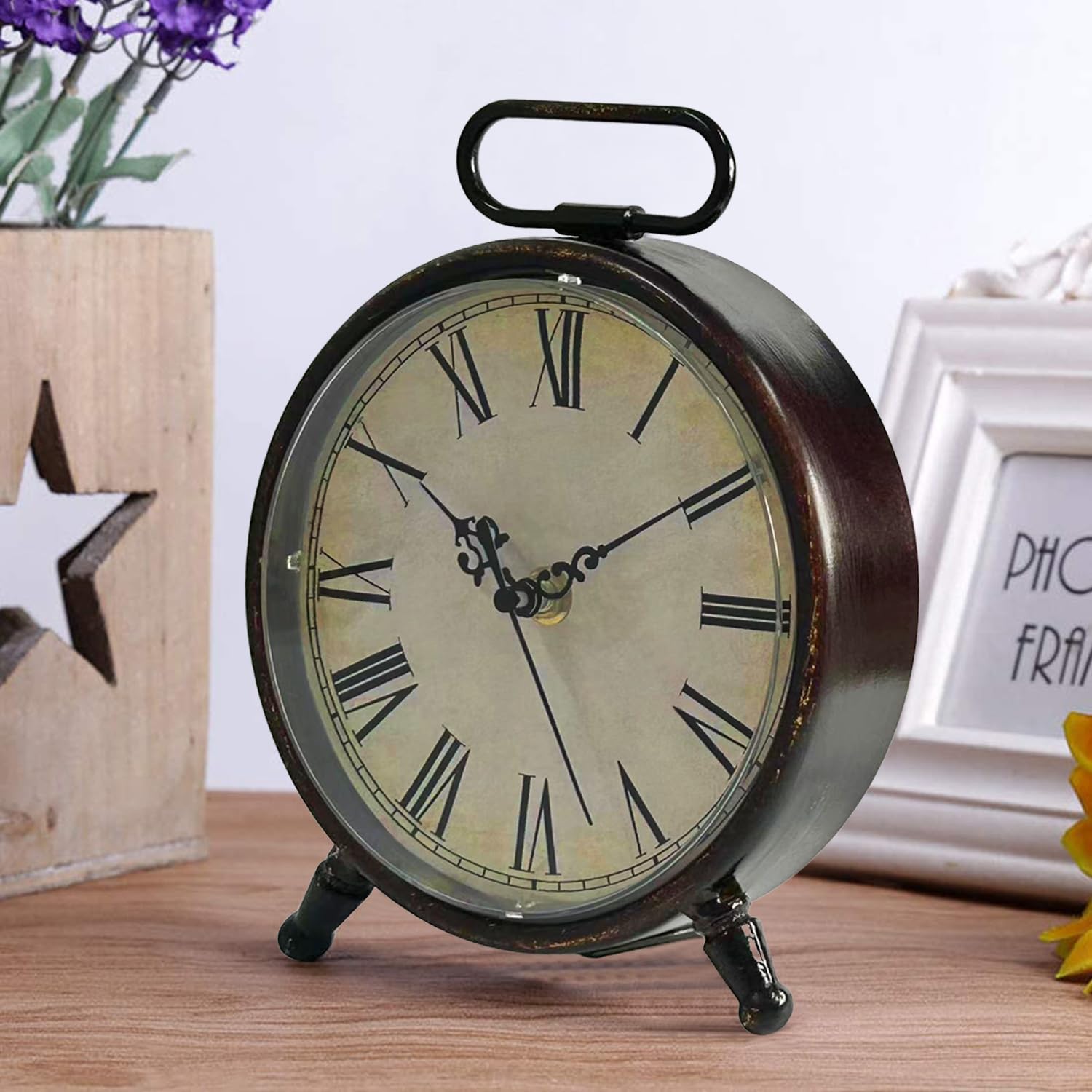 Vintage Desk Clock, 8 Inches Silent Non-Ticking Battery Operated Metal Table Top Clock for Bedroom, Living Room, Office, Shelf Decor (Brown)
