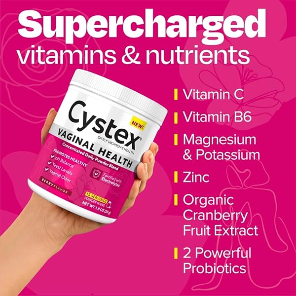 CYSTEX VAGINAL HEALTH POWDER – DAILY ELECTROLYTE-ENHANCED SUPPORT FOR PH BALANCE, YEAST, & ODOR – HYDRATING BERRY FLAVOR – 15 SERVINGS