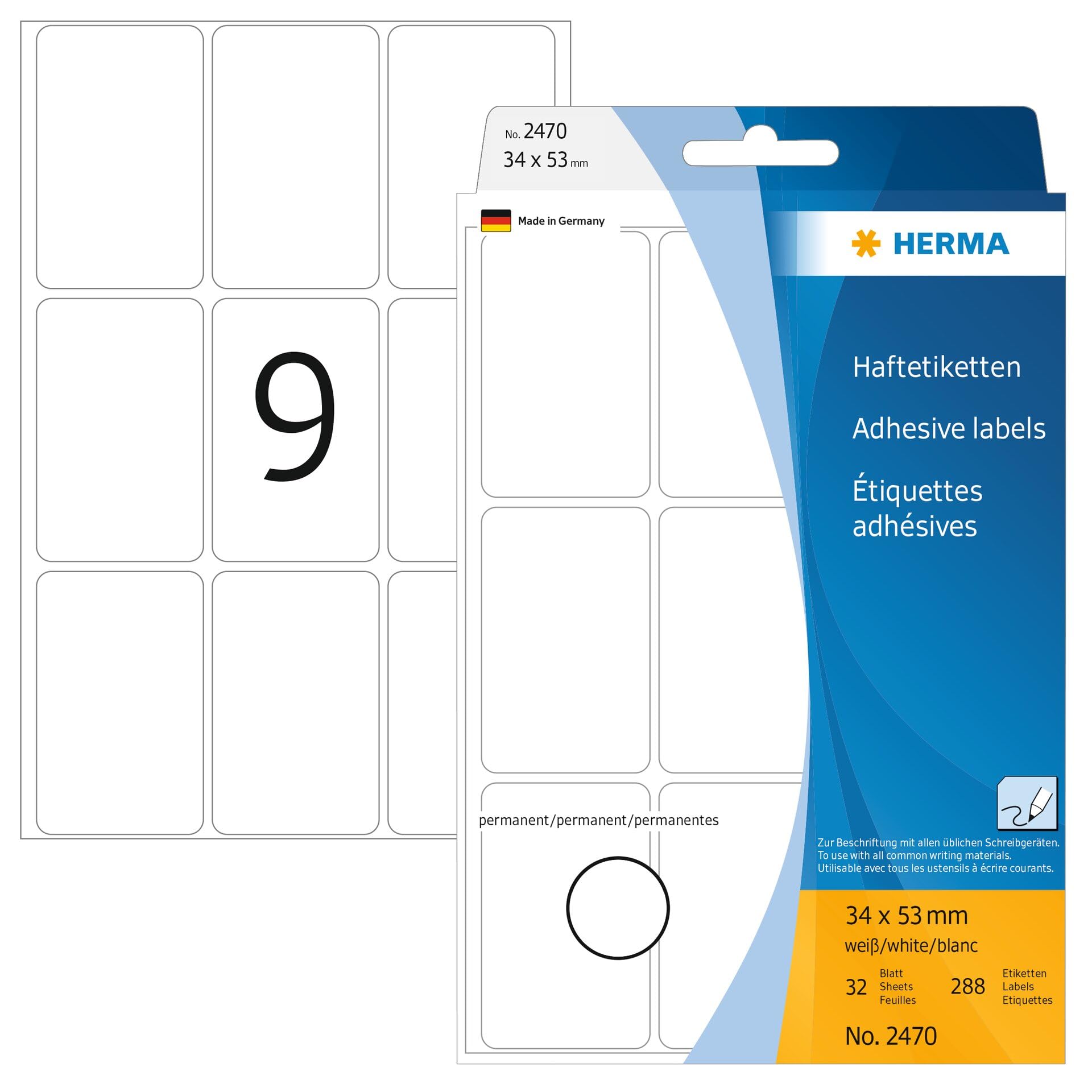 HERMA Multi Purpose Labels, 9 Labels per Sheet, 32 Sheets, 34 x 53 mm, 288 Labels, Self Adhesive Labels Stickers, Blank Sticky Labels for Office Kitchen Home, White