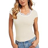 Outfeel Women's Cap Short Sleeve Lace Fitted Shirts Scoop Neck Y2k Summer Going Out Tops
