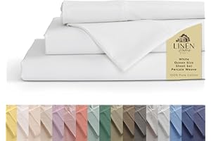 Linen Home 100% Cotton Percale Sheets Queen Size, White, Deep Pocket, 4 Pieces Set - 1 Flat, 1 Deep Pocket Fitted Sheet and 2 Pillowcases, Crisp Cool and Strong Bed Linen