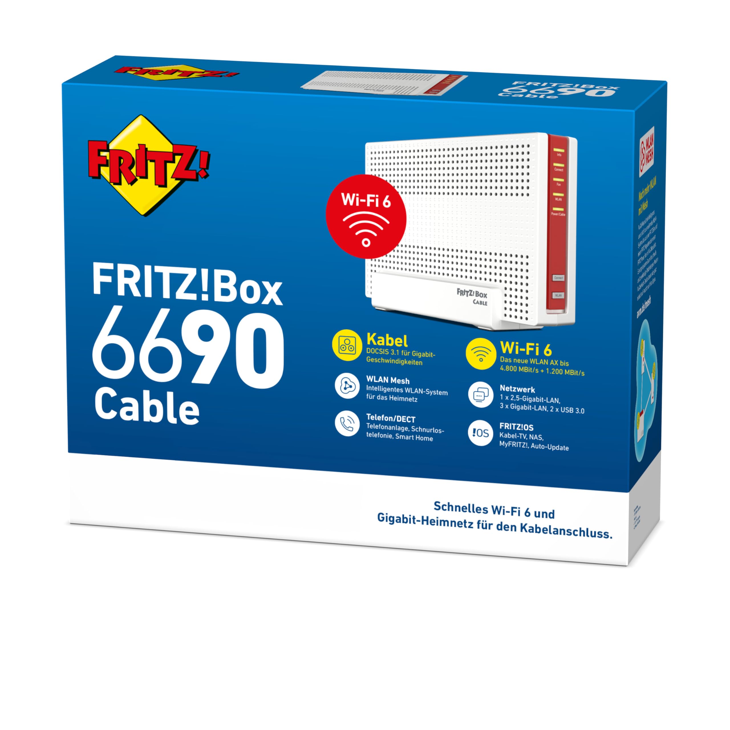 FRITZ!Box 6690 Cable | Router für einen Kabelanschluss (DOCSIS 3.1-Kabel-Modem, 4x4 Wi-Fi 6 (WLAN AX) mit 4.800 MBit/s (5 GHz) + 1.200 MBit/s (2,4 GHz), 1x 2,5-Gigabit-LAN-Anschluss, USB 3.0, DECT) 5
