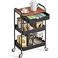 TOOLF 3-Tier Utility Rolling Cart with Wooden Board and Drawer, Metal Storage Cart with Handle, Black Trolley Kitchen Organizer Rolling Desk with Locking Wheels for Office, Classroom, Home, Bedroom