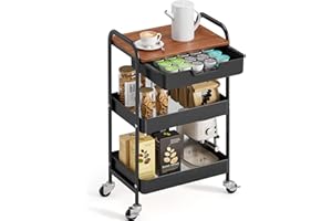 TOOLF 3-Tier Utility Rolling Cart with Wooden Board and Drawer, Metal Storage Cart with Handle, White Trolley Kitchen Organiz