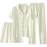 Womens Gingham Pajama Sets 3 Piece Cotton Short Sleeve Button Down Shirts and Pants Lounge Set Pjs Sleepwear