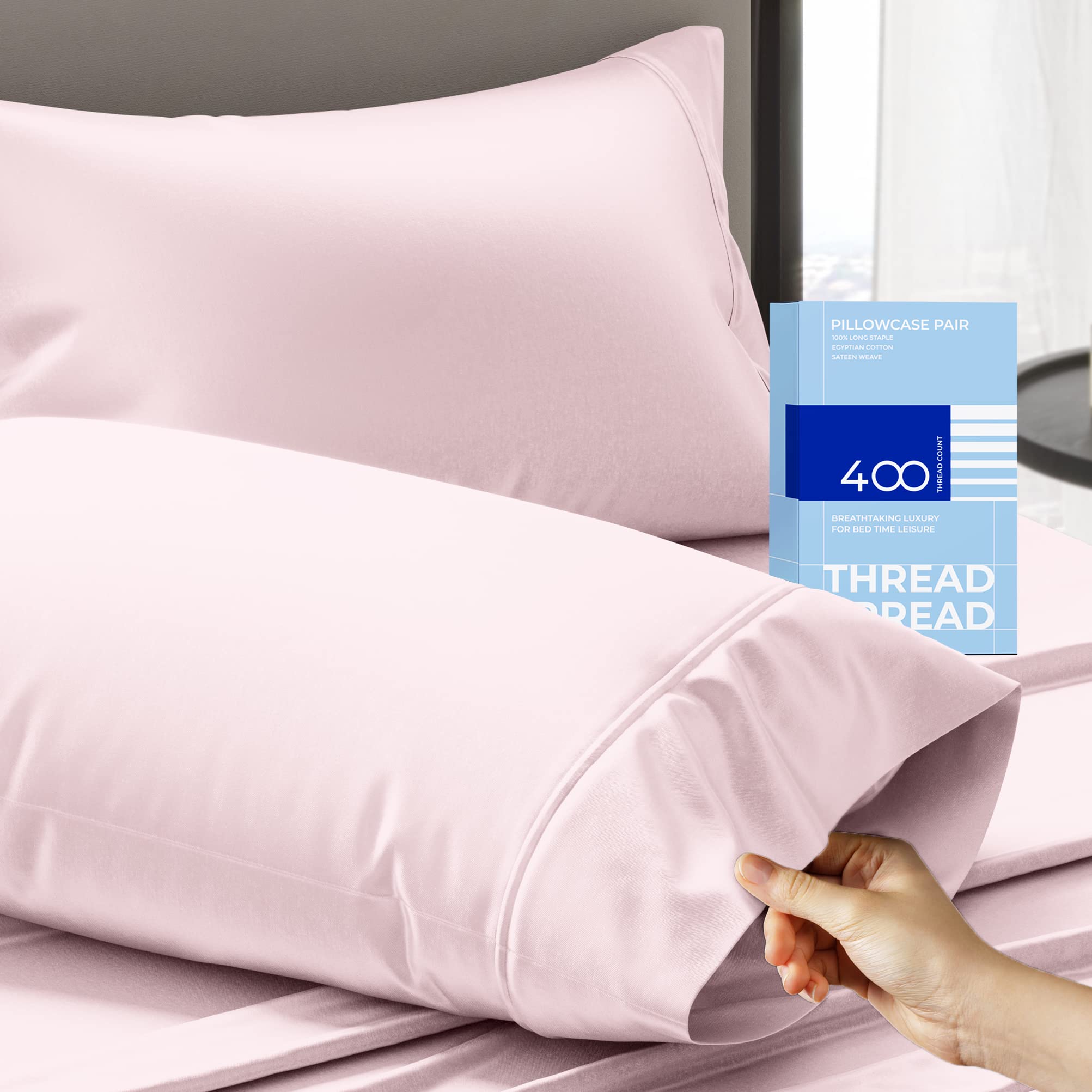 Photo 1 of THREAD SPREAD 100% Cotton Pillowcases Standard/Queen Size Set of 2-400 Thread Count Cotton Pillowcases, Ultra Soft Cooling Sateen Weave Pillow Cases for Sleeping, Set of 2 Pillow Covers (Blush)