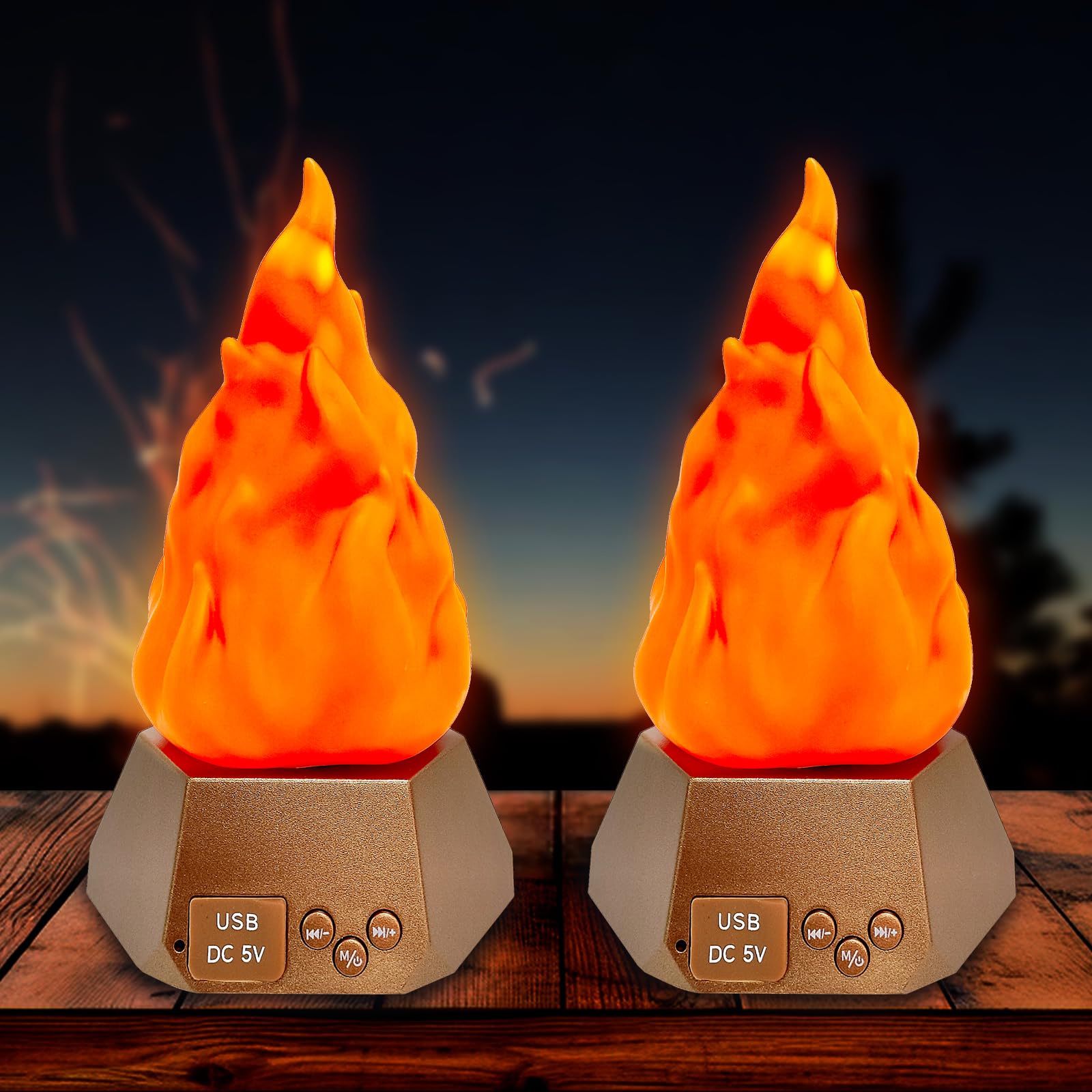 Photo 1 of Rechargeable Bluetooth Speaker Flame Night Light, 3 Modes, Indoor Ambiance Lamp, Outdoor Camping Decor Torch Light (2 Pack)