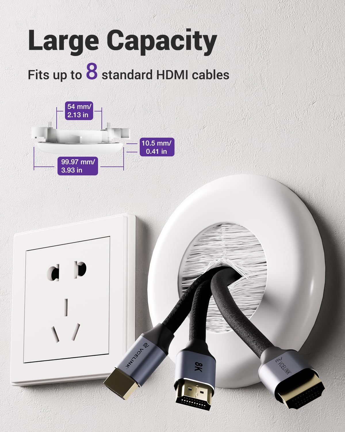 VCELINK Brush in Wall Cable Management Kit for Wall Mounted TV, Cord Hider for Low Voltage Cables Pass Through, Includes Hole Saw Drill Attachment and Mounting Brackets for Easy Install, White, 2-Pack