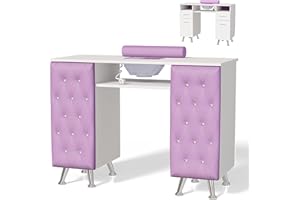 OmySalon Manicure Table w/Dust Collector, Nail Desk for Nail Tech, Nail Station with Storage, for Makeup Beauty Spa Salon, w/Hand Rest, Acetone Resistant, Upholstered Panel w/Diamond (Purple)