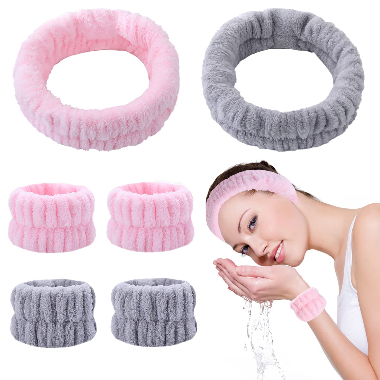 KEYRI 6 Pcs Spa Set Face Wash Wrist Bands for Women & Girls - Soft Elastic Headband & Wrist Bands for Makeup, Bath & Shower (Pink, Gray)