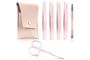 SOFYE 6 Pcs Eyebrow Tweezer Set, Tweezers Set for Women, Precision Tweezer for Eyebrows with Curved Scissors, Eyebrow Grooming Kit for Ingrown Hair, with Leather Case, Pink