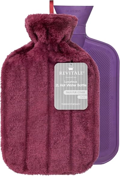 Revitale Luxury 2 Litre Hot Water Bottle with Soft Faux Fur Cover Plum
