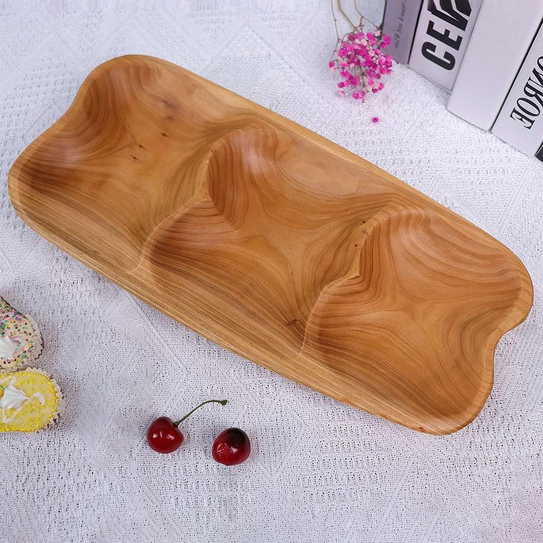  | Natural Root Wood Dish, Unique Handmade Wood Serving Tray, 3-Section Wooden Platter for Fruit Snack Bread Appetizer Display (15.1"x7"): Platters