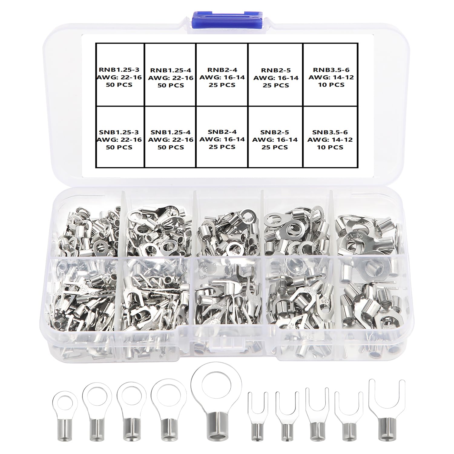 YIXISI 320 PCS M3/M4/M5/M6 Non-Insulated Ring Fork Terminals Kit - Ring Lug Crimp Cable Connectors, Tin Plated Copper Terminals, AWG 22-16 16-14 14-12