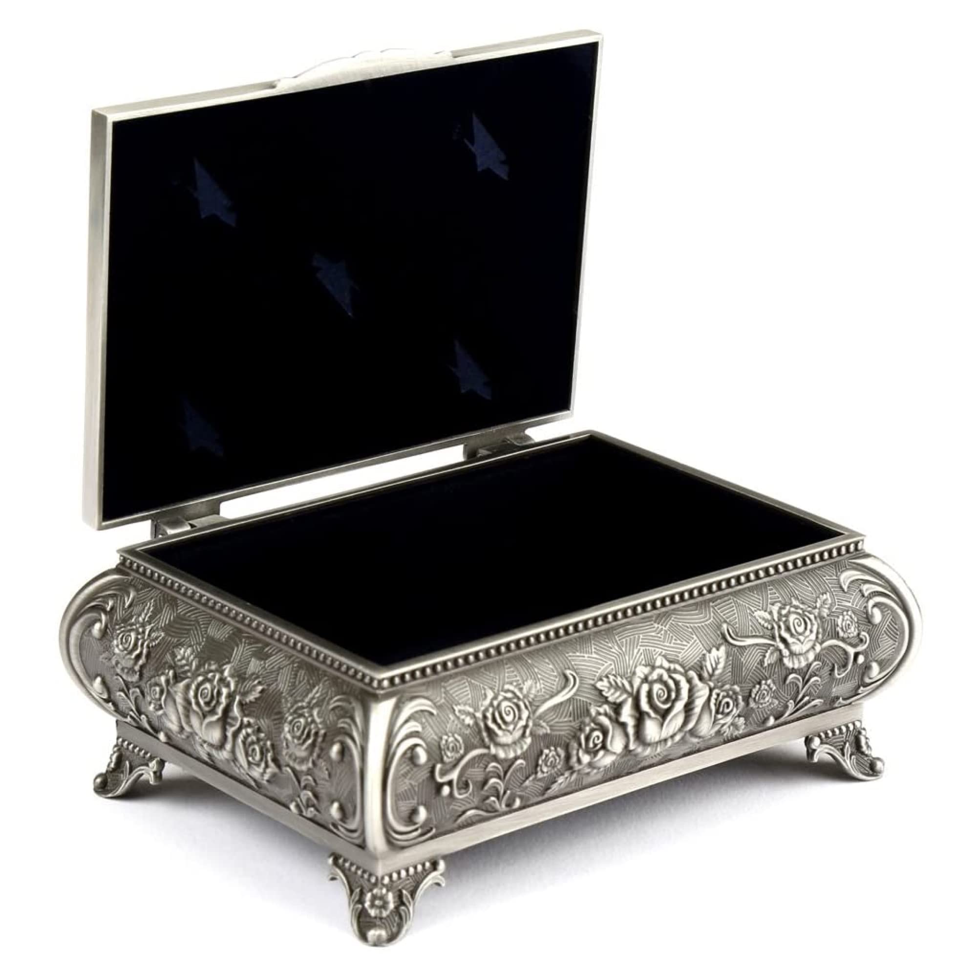 H&S Antique Metal Ring Necklace Jewellery Trinket Display Storage Vintage Box – 3 Rose Top – Metal Jewellery Box