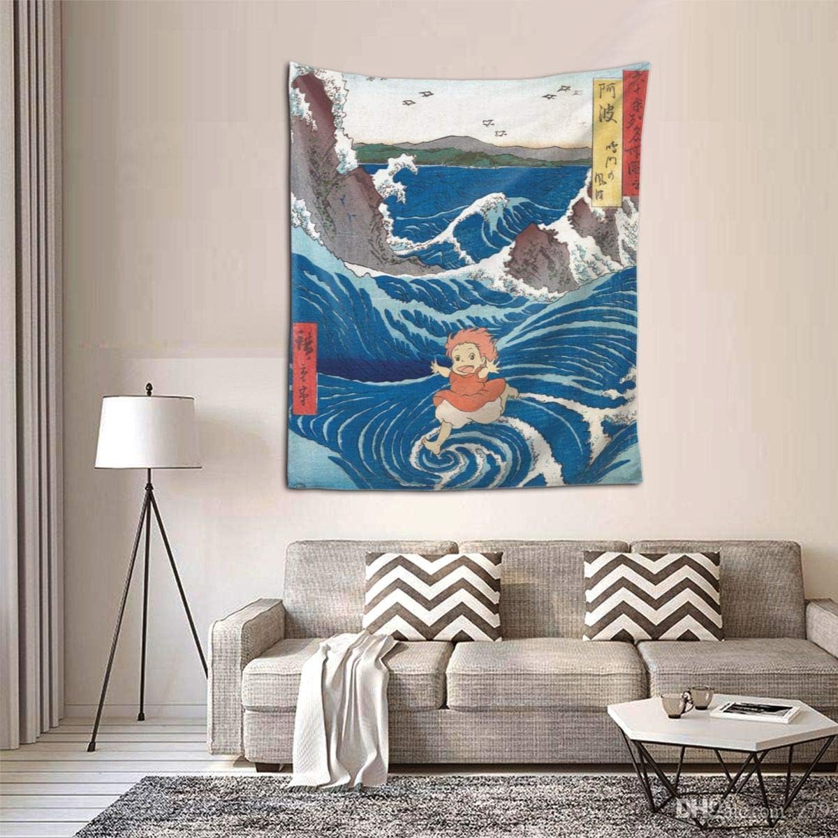 Touhou Studio Ghibli - Anime Ponyo On The Cliff and Great Wave Wall Art Hanging Decor Tapestry 60x51 Inch