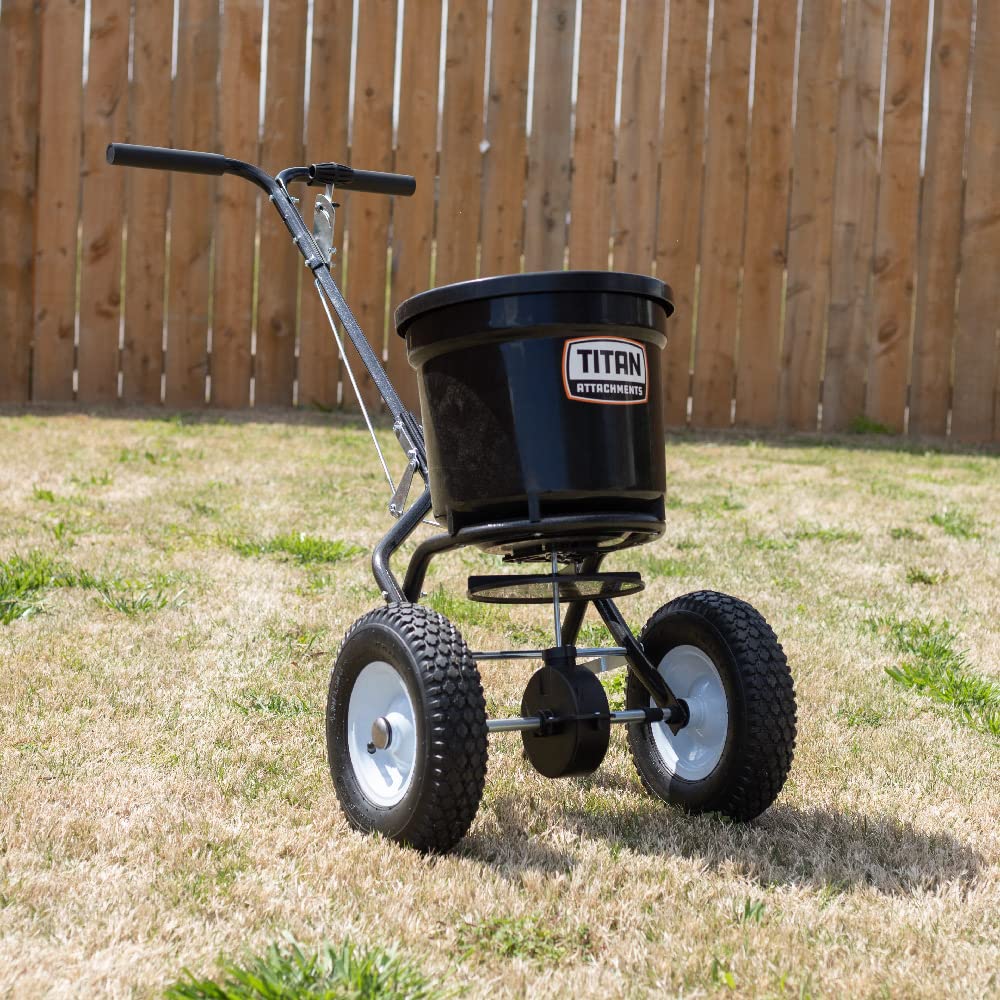 thumbnail interactive-video image 1 of Titan Attachments 50 Lb Push Broadcast Spreader – For Fertilizer & Seeds 1 of 3