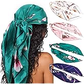 DRESHOW 35” Large Square Satin Head Scarf - 4Pcs Silk Accessories Classic Patterned Squares Beach Bandanas for Women
