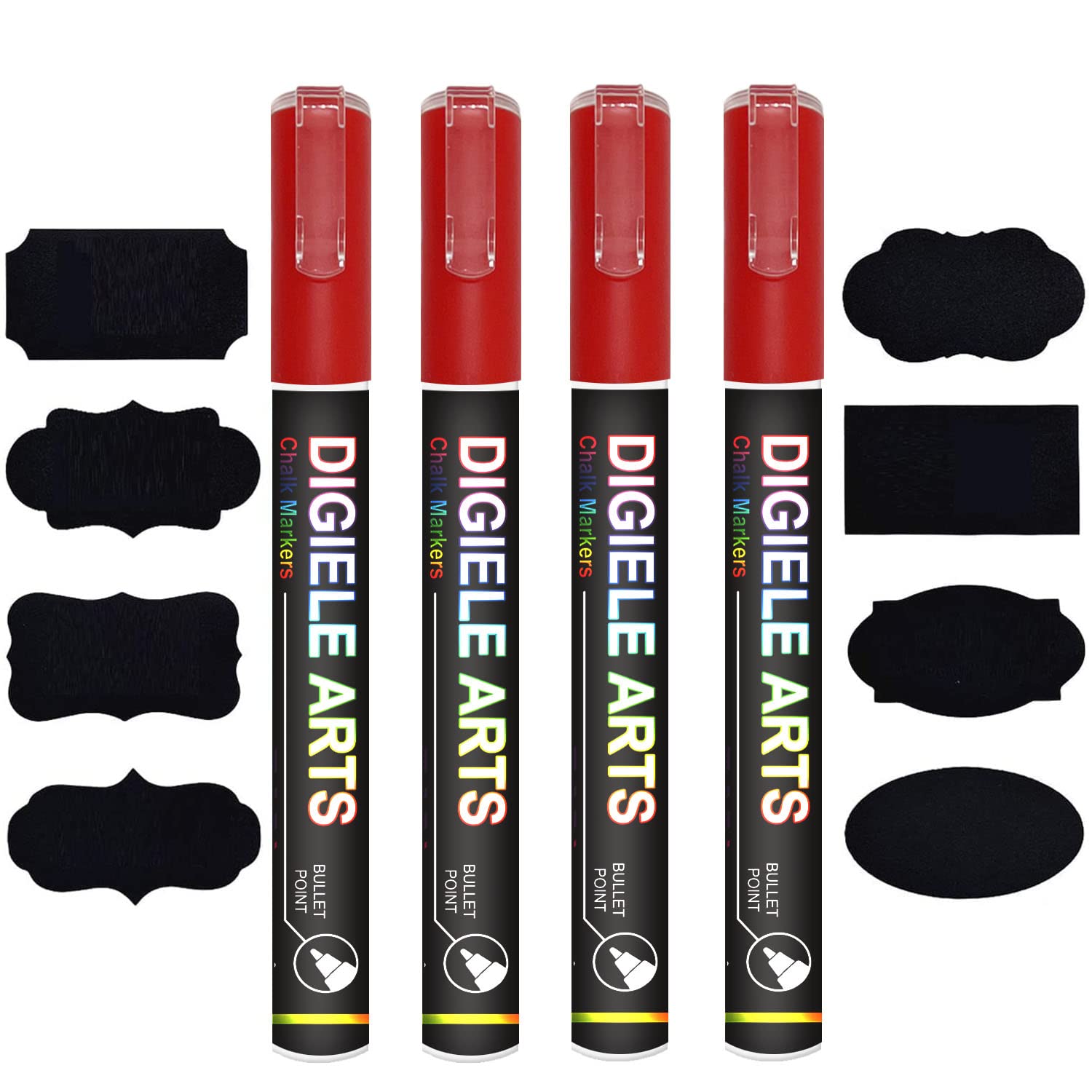 DIGIELE Red Chalk Marker Pens, 3mm Red Liquid Pen Markers, Dry or Wet Wipe Erase, Reversible Bullet or Chisel Tip for Blackboard, Whiteboard, Window & Glass, 4 Pens + 16pcs Chalkboard Labels Packed