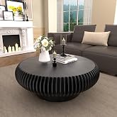 Round Coffee Table Modern Drum Center Table, Black 31.5" | Wooden Fluted Side Table with Sturdy Base Circle Tea Table for Living Room, Bedroom, Office, Apartment