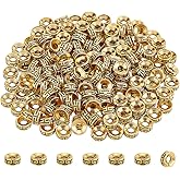 PH PandaHall 200pcs Tibetan Spacer Beads Antique Golden Flat Round Beads 7.5x3mm Carved Roundelle Spacer Beads Metal Loose Beads for Jewelry Bracelet Necklace Making DIY Crafts Hole 2.5-3mm