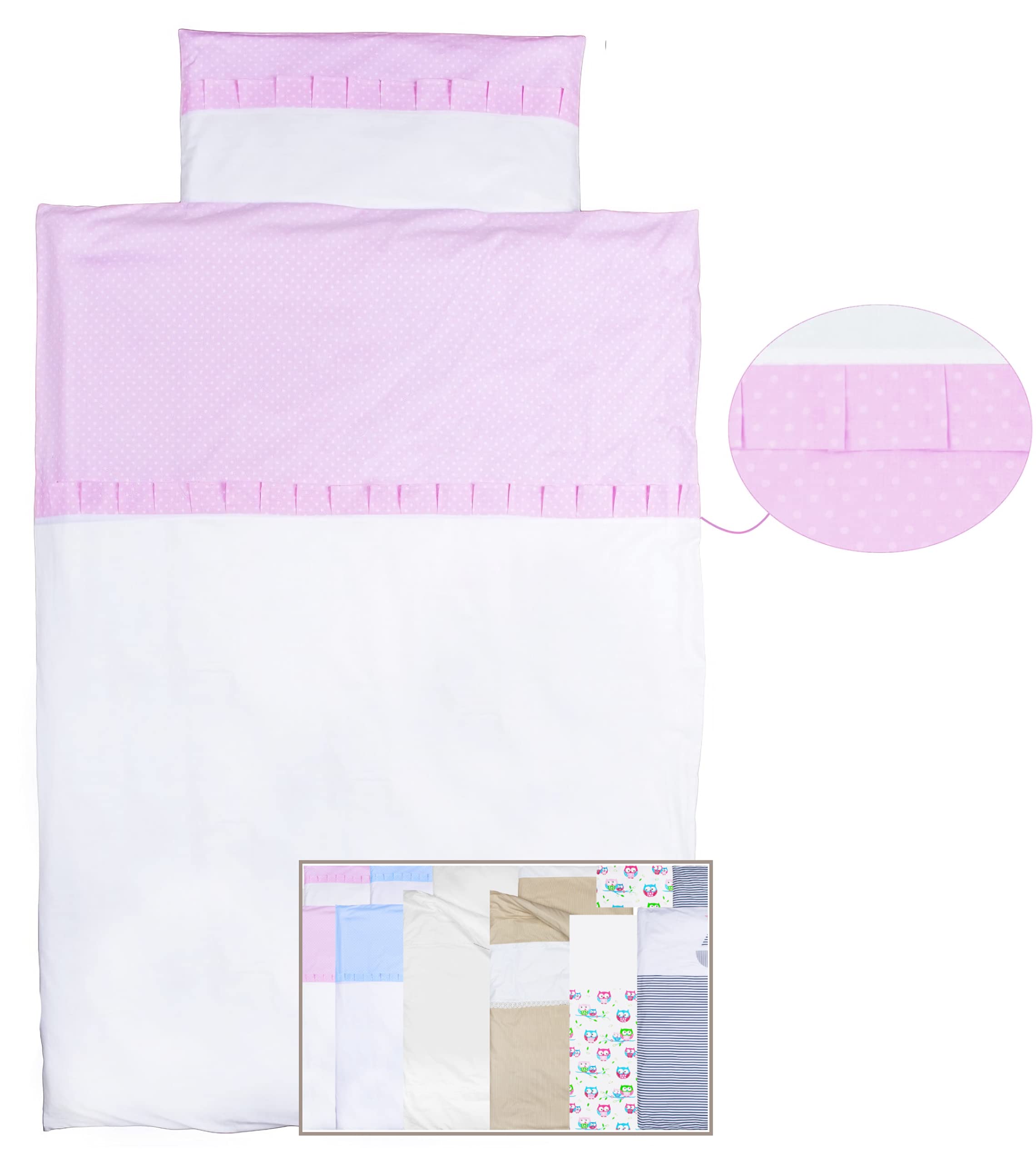 Vizaro - Duvet Cover Bedding Set - COT Bed 70x140cm - Pure Premium Cotton - Dim. 100x135cm, 30x60cm - Made in EU - OekoTex - Safe for Babies - C. Pink and White