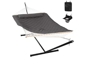 ANOW Outdoor Hammock with Stand 12FT, Heavy Duty Hammock with Steel Stand, Included Detachable Pillow and Pad, 450 LBS Weight Capacity, Gray