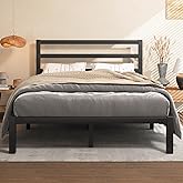 E-Motie Full Size Bed Frame, Metal Platform Bed Frame with Headboard, Underbed Storage Space,Easy Assembly,No Box Spring Needed,Modern, Black