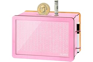 WenmthG $10000 Larger Size Savings Challenge Box - Cash Vault Wooden Money Savings Box for Adults Kids - Kakeibo Money Bank - Wooden Cash Coin Piggy Bank with Counter and Dry Erase Pen - Pink