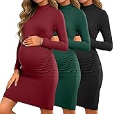Sweetyweee 3 Pack Women's Maternity Dresses Long Sleeve Mock Neck Winter Pregnancy Dress Side Ruched Knee Length Mama Clothes