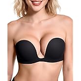 Upushall Strapless Push Up Bras for Women Padded Deep Plunge U Shape Halter Non Slip Seamless Bra