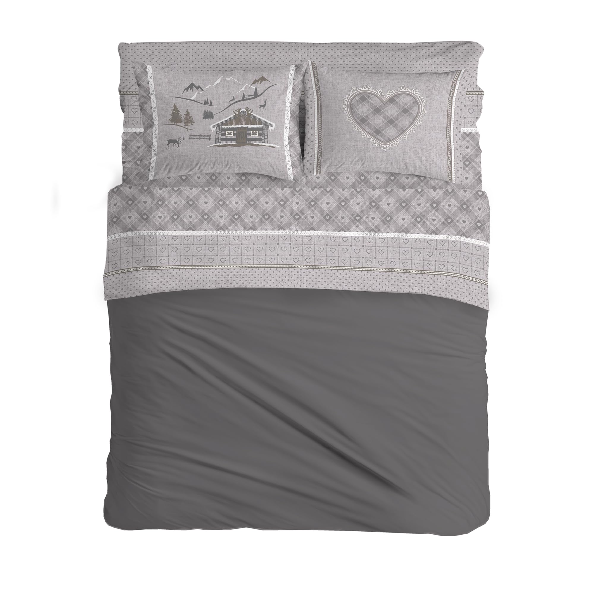 PENSIERI DELICATI Double Bed Set 100% Cotton, Complete Double Bed Sheet Set, 180 x 200 cm, Including Bottom Sheet, Top Sheet and 2 Pillowcases, Made in Italy, Beige Chalet Design — image 1