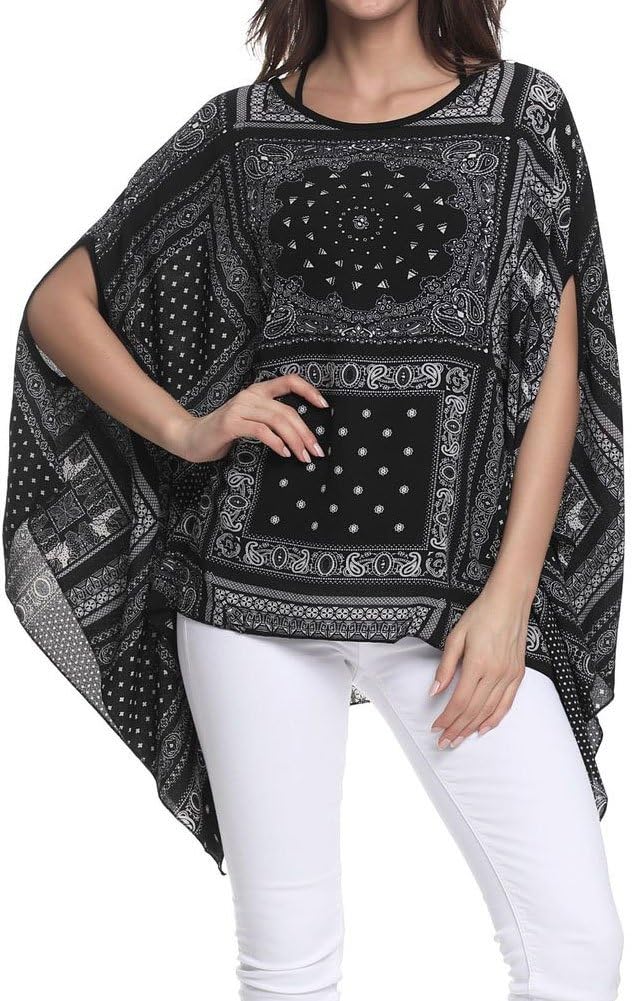 OUKIN Women's Bohemian Floral Batwing Sleeve Chiffon Blouse Oversize Loose Tunic Tops