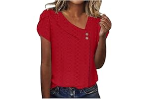 FLOLEO Eyelet Tops for Women Summer Trendy Tops Asymmetric Neck Top Classic Short Sleeve Shirts Blouse 2024 Fashion Clothes