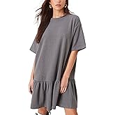 IQSQSQ Women's Peplum Mini Dress Dropped Waist Ruffle Hem Oversized Fit Dress Crew Neck Casual Dress with Pockets