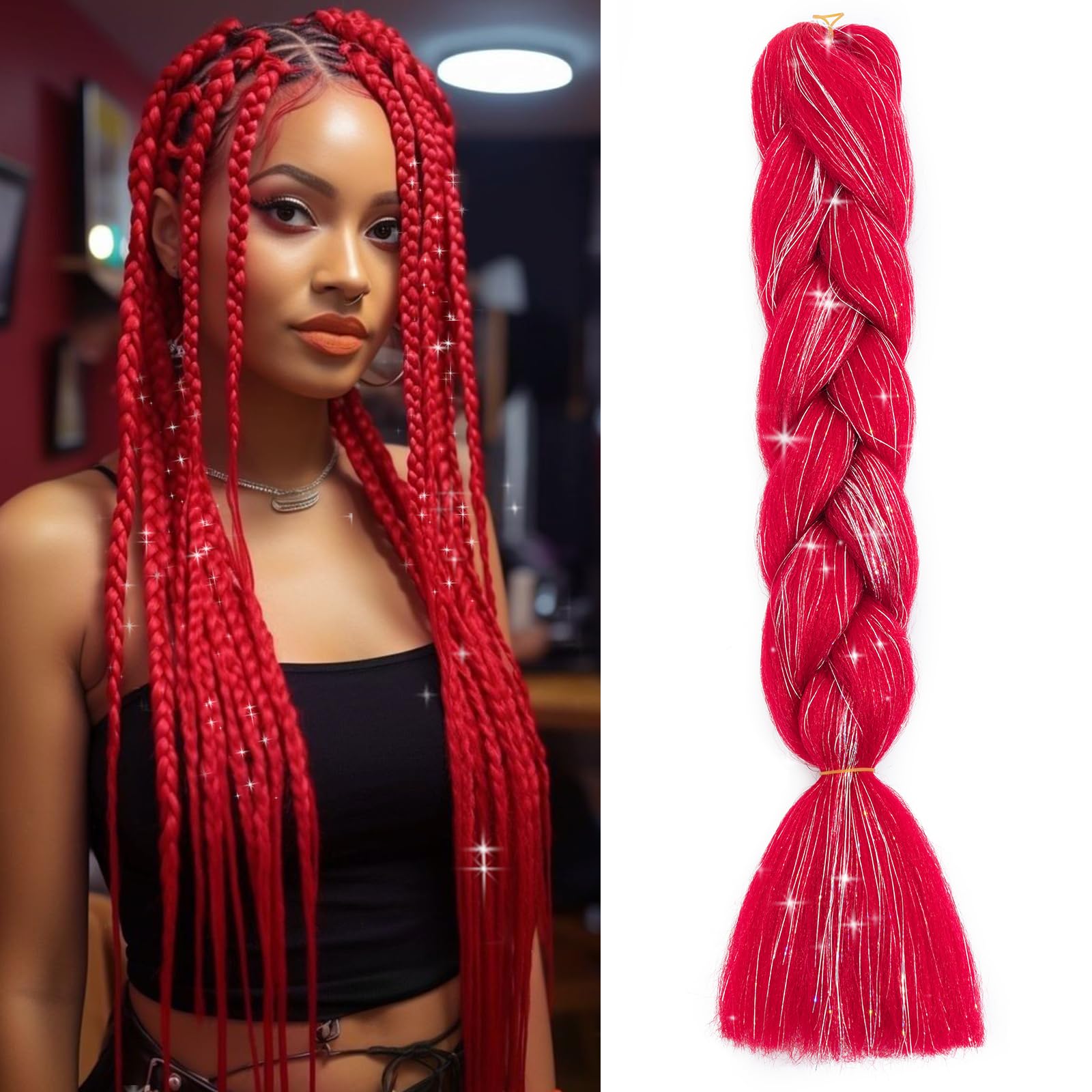 Benehair 24 Inches Braiding Hair Sparkly Braids Extensions Hair with Tinsel Mashup Colorful Synthetic Hair for Braid Hair Extensions for Women(Red, 100g) — image 1