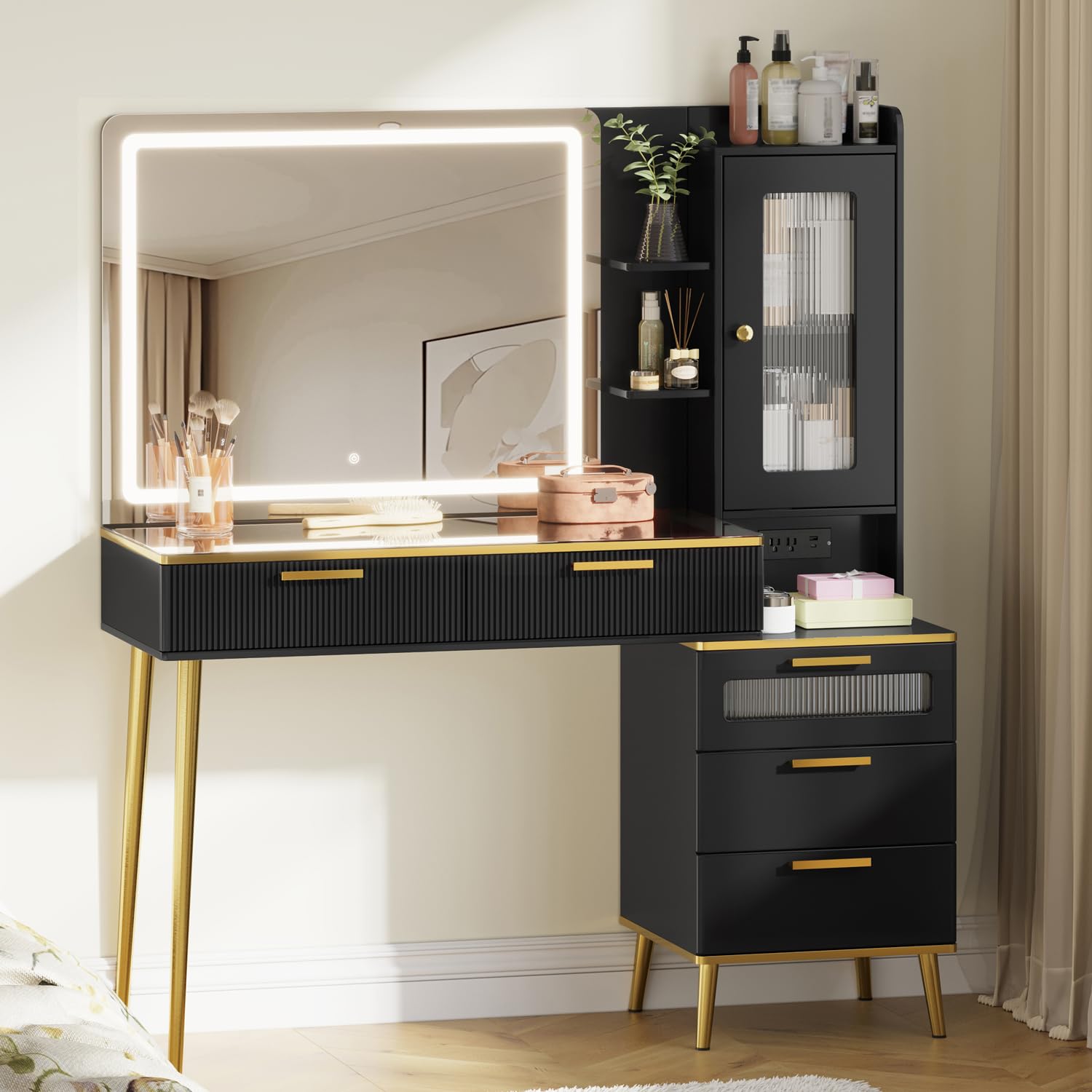 Photo 1 of *UNTESTED*
Arulvmrn 47.24" Big Modern Vanity Desk with Mirror and Lights, Vanity Desk with 29.53" HD Lighted Mirror, Makeup Vanity with 5 Drawers and Storage Shelves and Charging Station, Black2