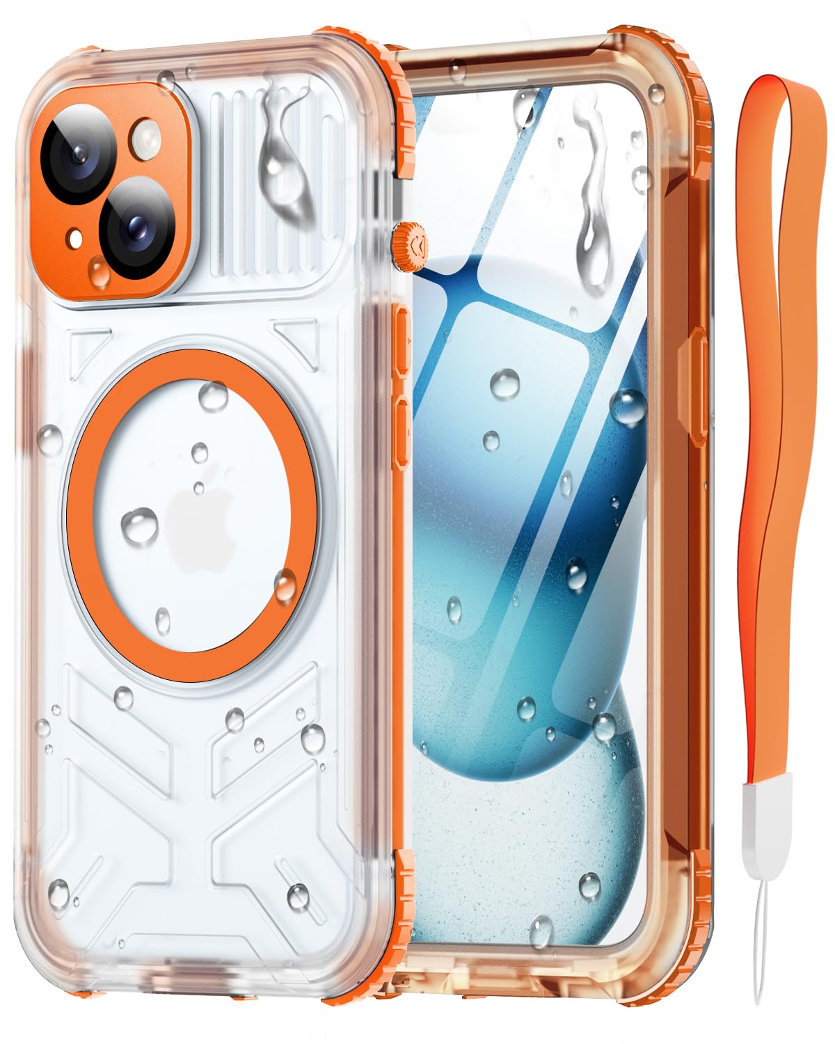 Photo 1 of Haireca for iPhone 15 Waterproof Case with Magsafe, Screen Protector, Lanyard, IP68 Military Full Body Shockproof, for Water Sports Outdoor Work, Funda para 15 Impermeable, 6.1" Orange