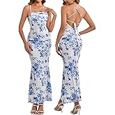 Women's Summer Floral Maxi Dress Square Neck Mesh Ruched Bodycon Formal Wedding Guest Long Dresses