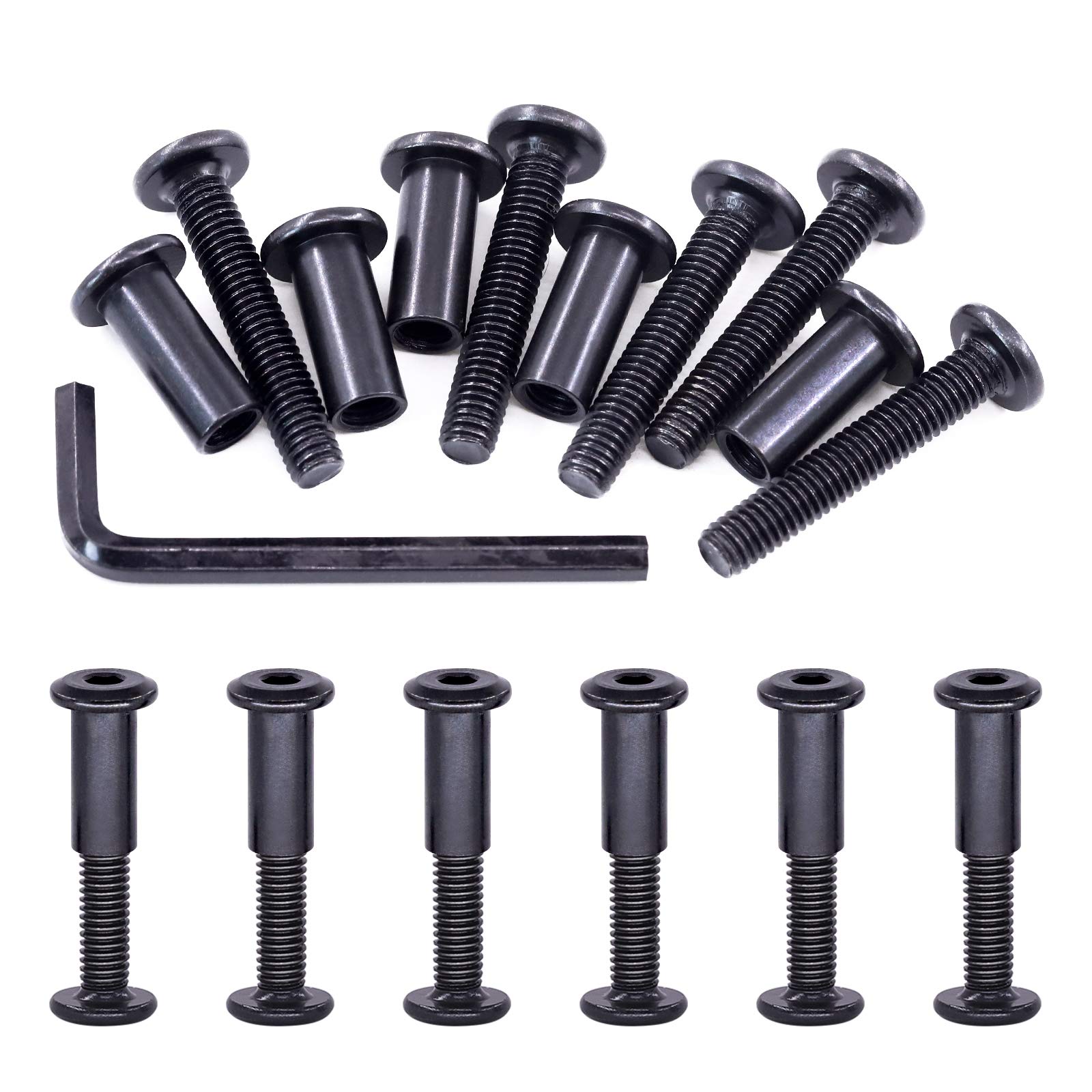 Swpeet 25Pcs M6x35mm Carbon Steel Black Hex Drive Socket Cap Bolts Barrel Nuts Assortment Kit with 1Pcs Allen Wrench, Screw Post Fit for Furniture Countsunk Belt Buckle Leather Binding Bolts — image 1