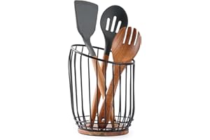 MIKIGEY Utensil Holder for Kitchen Countertop, 7.5 inch Extra Large Utensil Holder, Black Stainless Stell Utensil Crock with Wooden Base, Flatware & Utensil Storage, Spoon Holder for Kitchen