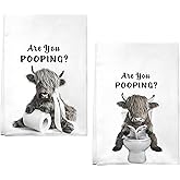 Highland Cow Hand Towels Set of 2, Funny Farmhouse Rustic Western Highland Cow Bathroom Decor Gifts, Decorative Fun Cute Gray Cattle Absorbent Soft Microfiber Kitchen Bath Towels 16x27 Inch