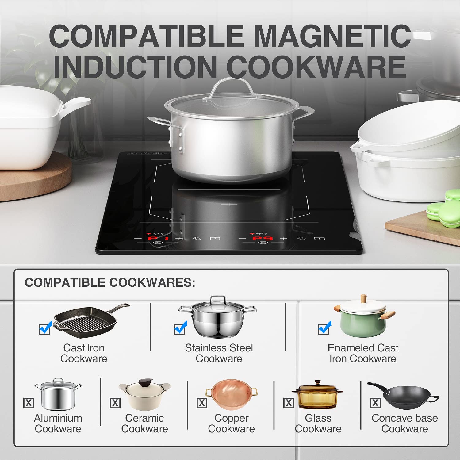 2 Burner Induction Cooktop, 12 Inch Portable Electric Stove Top 110V Built-in - 2300W Double Cooktop with 9 Temp Settings & Timer, Perfect for RV, Dorm, Camping & Small Kitchens